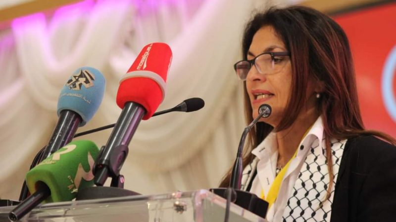 أمال العماري تلقي خطابا باسم الاتحاد المغربي للشغل في الجلسة الافتتاحية للمؤتمر 25 الاتحاد العام التونسي للشغل